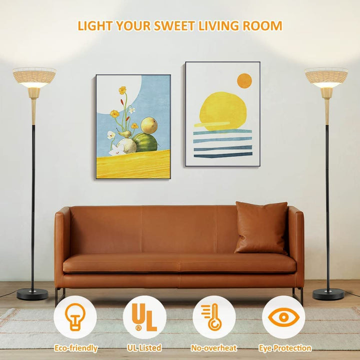 Depuley Sky LED Torchiere Standing Floor Lamp, Modern 69 inch Tall Pole Light with Rattan and Glass Shade, Uplight Lamps Lighting for Living Room Bedroom Office, 9W 3000K - WS-MNF39-60B 9 | Depuley