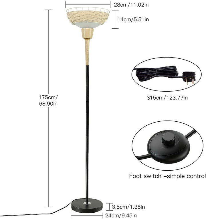 Depuley Sky LED Torchiere Standing Floor Lamp, Modern 69 inch Tall Pole Light with Rattan and Glass Shade, Uplight Lamps Lighting for Living Room Bedroom Office, 9W 3000K - WS-MNF39-60B 4 | Depuley