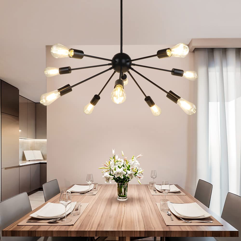 DLLT Sputnik Chandelier 8 Lights Starburst Black Modern Ceiling Light Fixtures Mid Century Vintage Hanging Semi Flush Mount Pendant Lamp for Living