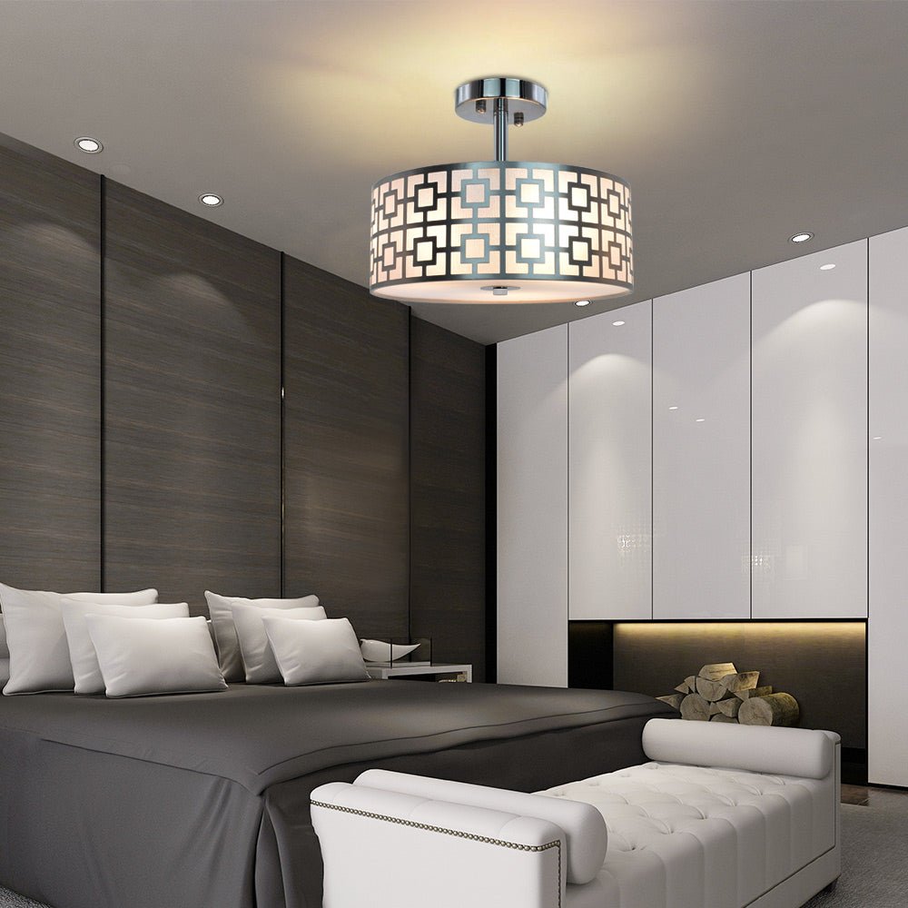 DLLT Stylish Semi Flush Mount Ceiling Lights, Iron Round Drum Cover Pendant lamp, Chandelier Lighting with 3 Bulb Socket in Chrome Finish for Bedroom Hallway Kitchen Entry Foyer Living Dining Room - WSCL30-S 12 | Depuley