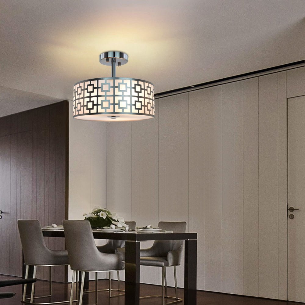 DLLT Stylish Semi Flush Mount Ceiling Lights, Iron Round Drum Cover Pendant lamp, Chandelier Lighting with 3 Bulb Socket in Chrome Finish for Bedroom Hallway Kitchen Entry Foyer Living Dining Room - WSCL30-S 15 | Depuley