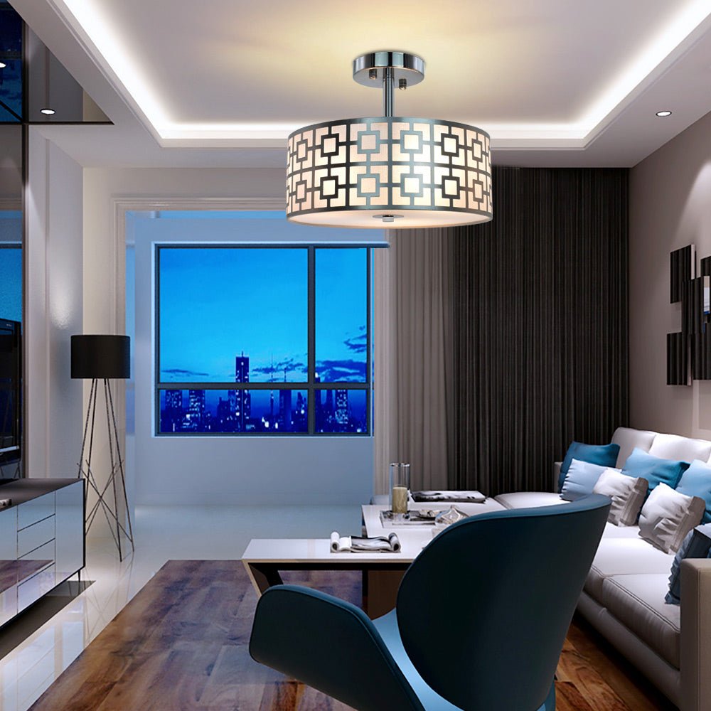 DLLT Stylish Semi Flush Mount Ceiling Lights, Iron Round Drum Cover Pendant lamp, Chandelier Lighting with 3 Bulb Socket in Chrome Finish for Bedroom Hallway Kitchen Entry Foyer Living Dining Room - WSCL30-S 10 | Depuley