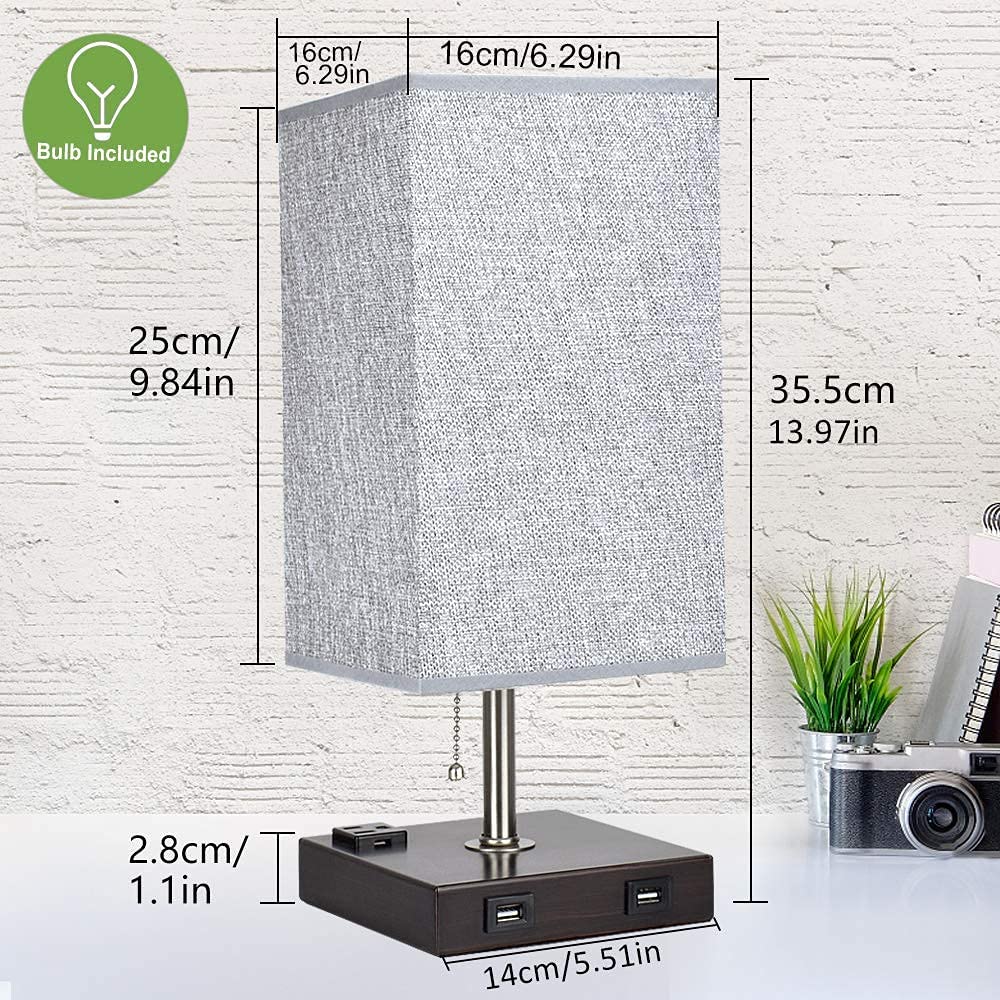 Depuley USB Table Lamp for Bedroom Minimalist Nightstand Table Lamp with Dual USB Ports Bedside Desk Lamps with Grey Fabric Shade Side Lamps for Liv