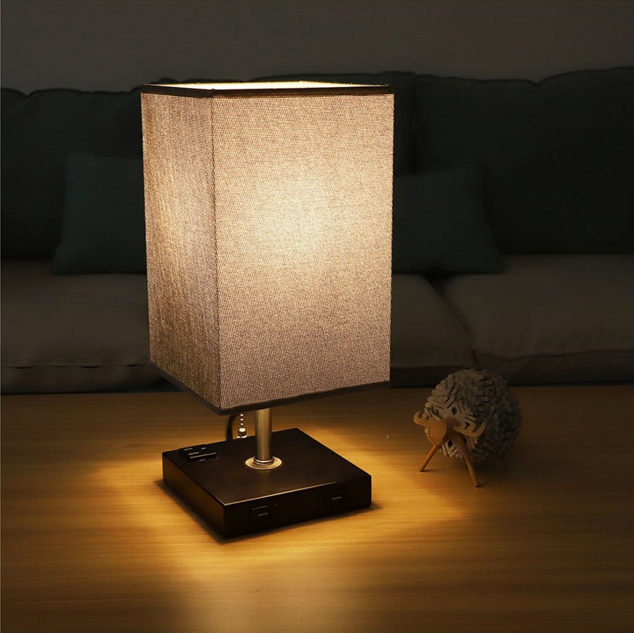 Depuley USB Table Lamp for Bedroom Minimalist Nightstand Table Lamp with Dual USB Ports Bedside Desk Lamps with Grey Fabric Shade Side Lamps for Living Room Office Kids Room Study Bulb Included