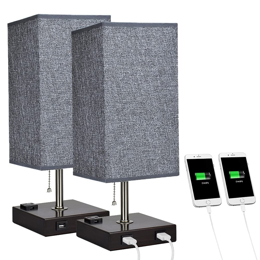 Depuley USB Table Lamp for Bedroom, Minimalist Nightstand Table Lamp with Dual USB Ports, Bedside Desk Lamps with Grey Fabric Shade Side Lamps for Living Room, Office, Kids Room, Study (Bulbs Included) - WSTL11-SQ-2 2 | Depuley