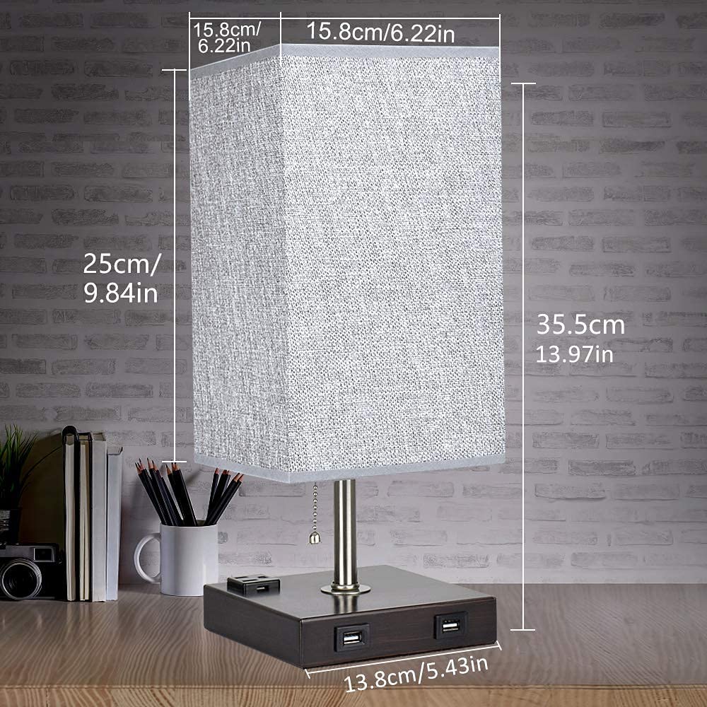Depuley USB Table Lamp for Bedroom Minimalist Nightstand Table Lamp with Dual USB Ports Bedside Desk Lamps with Grey Fabric Shade Side Lamps for Liv