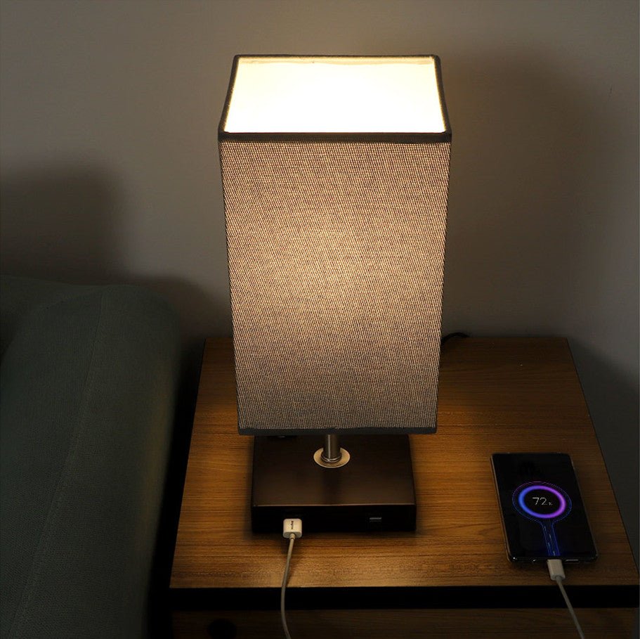 Depuley USB Table Lamp for Bedroom Minimalist Nightstand Table Lamp with Dual USB Ports Bedside Desk Lamps with Grey Fabric Shade Side Lamps for Liv