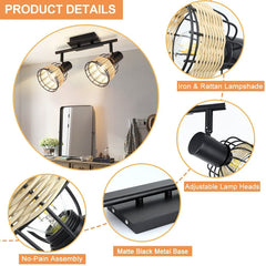 Depuley 2 Way Spotlight Ceiling with Swiveling Spots Heads, Ceiling Light Hollow Design,Iron Rattan Lampshade, Spot Lights for Kitchen, Living Room, Bedroom,Black - WS-FNG49-40B 7 | Depuley