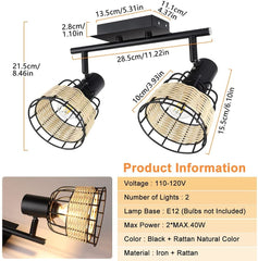 Depuley 2 Way Spotlight Ceiling with Swiveling Spots Heads, Ceiling Light Hollow Design,Iron Rattan Lampshade, Spot Lights for Kitchen, Living Room, Bedroom,Black - WS-FNG49-40B 3 | Depuley