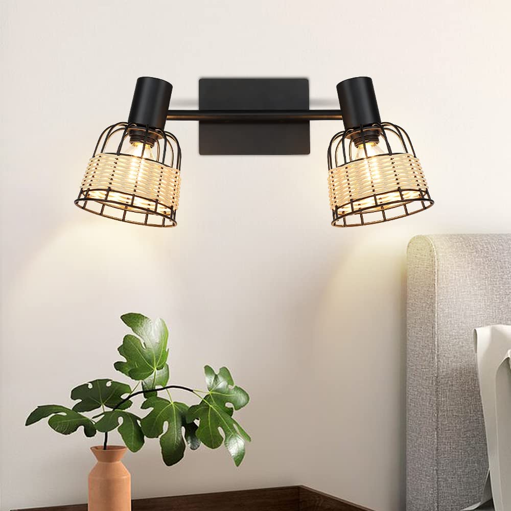 Depuley 2 Way Spotlight Ceiling with Swiveling Spots Heads, Ceiling Light Hollow Design,Iron Rattan Lampshade, Spot Lights for Kitchen, Living Room, Bedroom,Black - WS-FNG49-40B 1 | Depuley