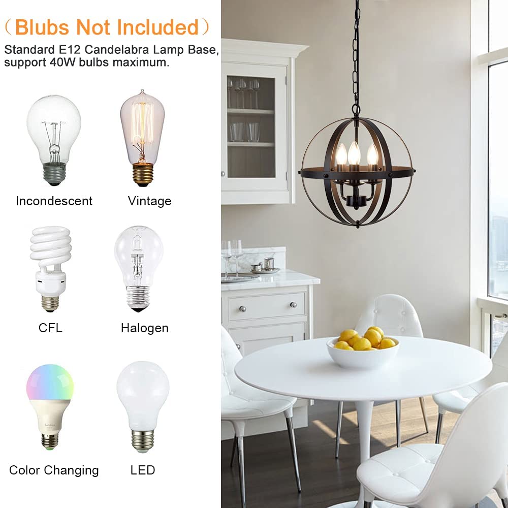 Depuley Vintage 3 Light Pendant Hanging Light Flush Mount Ceiling Chandelier Lamp with Metal Spherical Shade for Kitchen Dining Room Living Room H