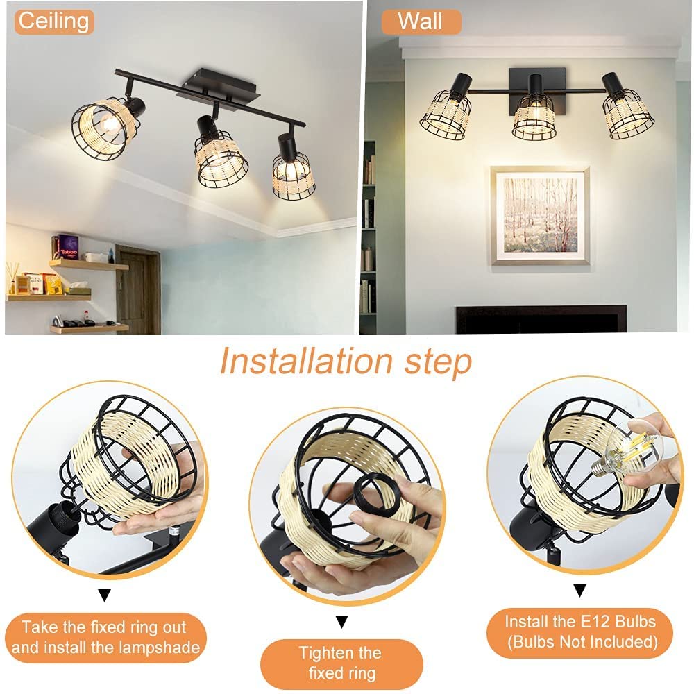 Depuley 3 Ways Adjustable Ceiling Light Black Metal and Weaving Lampshade Ceiling Spotlight for Kitchen Living Room Bedroom Dining Room Hallway Bulb