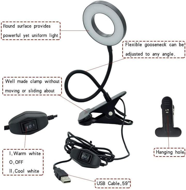 Depuley W-LITE 6W LED USB Clip on Reading Light, 2-Light Color Desk Lamp with Clamp for Bed Kids Book Piano Headboard, Eye Protection, Book Light Warm & Cool Light Colors, Adapter Included - WSTL01-6C-B 10 | Depuley
