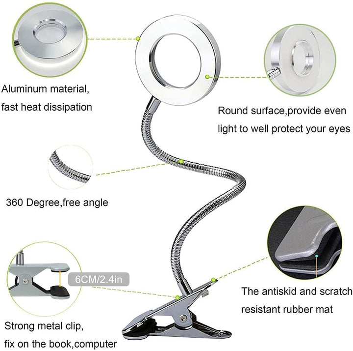 Depuley W-LITE 6W LED USB Clip on Reading Light, 2-Light Color Desk Lamp with Clamp for Bed Kids Book Piano Headboard, Eye Protection, Book Light Warm & Cool Light Colors, Adapter Included - B074V55XBR 22 | Depuley