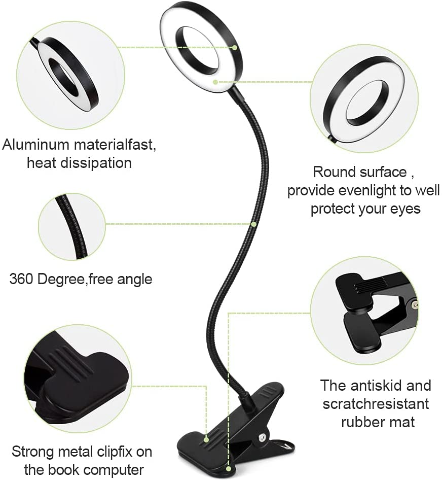 Dinglilighting DLLT LED USB Reading Light Clip Laptop Lamp for Book Piano Bed Headboard Desk Eye Care 2 Light Color Switchable Adapter Included