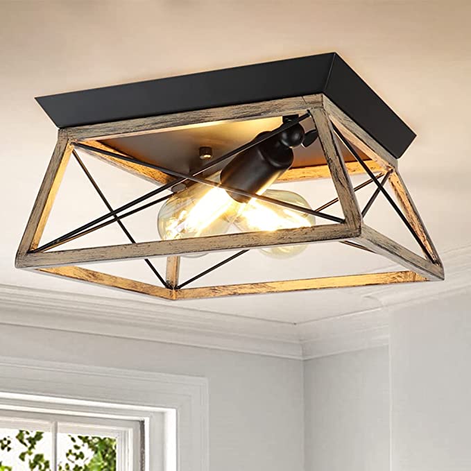 DLLT Industrial Flush Mount Ceiling Light Fixture, Square Farmhouse 2-Light Close to Ceiling Light, Rustic Metal Ceiling Lamp with Wood / Black Paint Finish for Kitchen Bedroom, E26 Base - WS-FNC14-60B 1 | Depuley