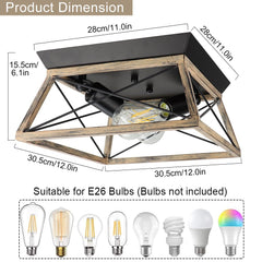 DLLT Industrial Flush Mount Ceiling Light Fixture, Square Farmhouse 2-Light Close to Ceiling Light, Rustic Metal Ceiling Lamp with Wood / Black Paint Finish for Kitchen Bedroom, E26 Base - WS-FNC14-60B 2 | Depuley